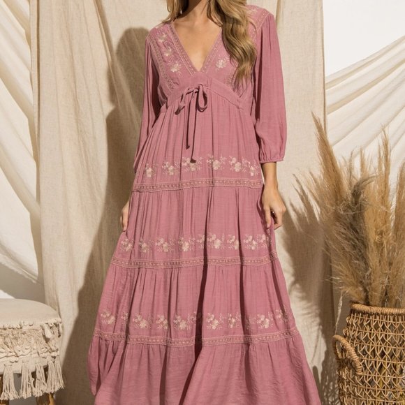 Baevely Dresses & Skirts - Ladies Pink Floral Embroidered Tiered Maxi Dress - FINAL CLEARANCE